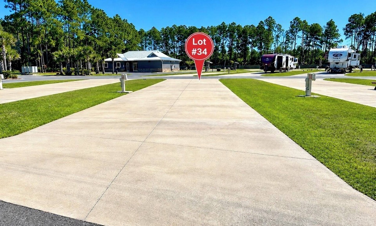 Oak RV Rental | Pull-thru RV Site #34 - Steps to Pool & Clubhouse