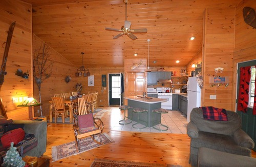 Bellaire House | Waterfront log home on Lake Bellaire. Pet friendly. Fireplace, dock. Dog ok