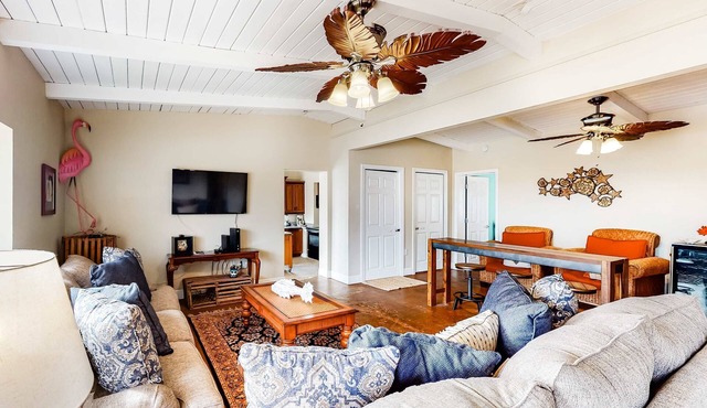Dog-friendly beach home with expansive deck, amazing views, & outdoor shower