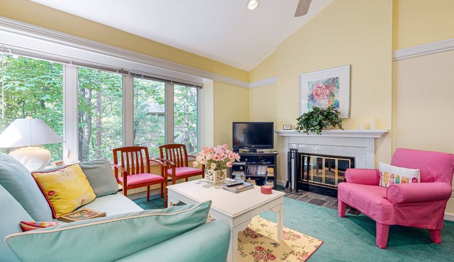 Upper-level condo with forest views, fireplace, soaking tub & high-speed WiFi